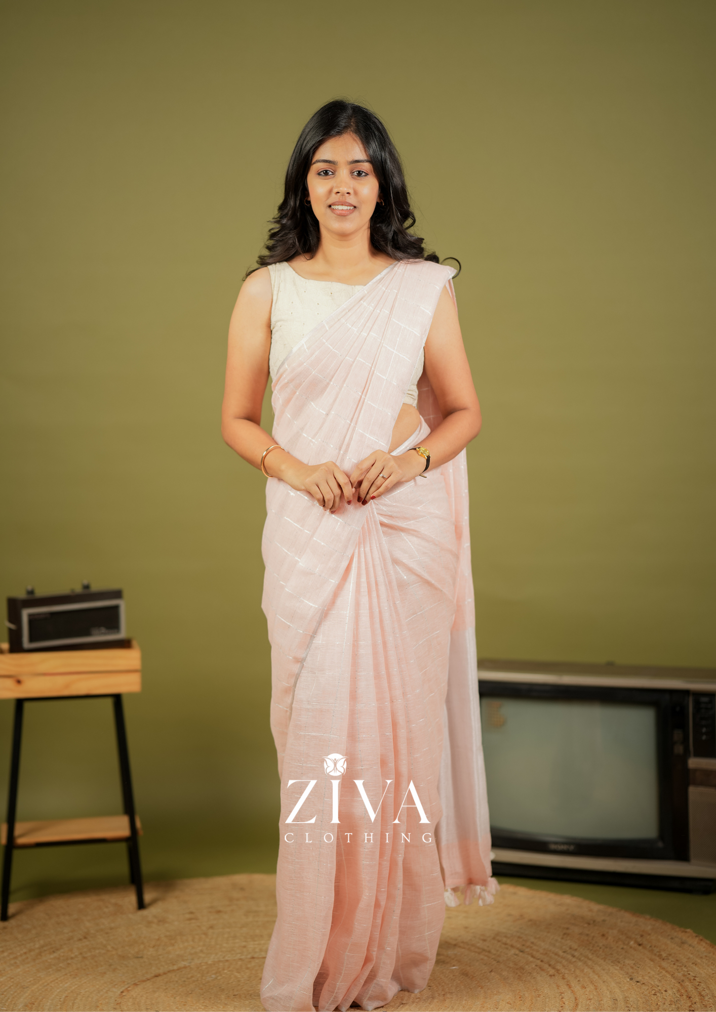 Peach Linen Saree Woven With Sequins