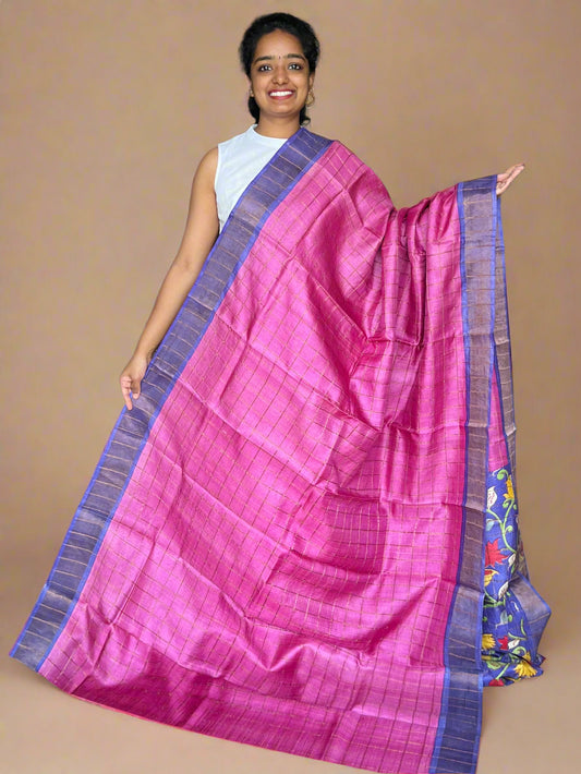 Magenta and Purple Tussar Silk Saree with Prints