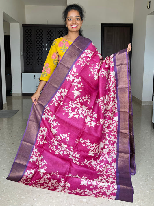 Rani Pink and Violet Tussar Silk Saree with Prints