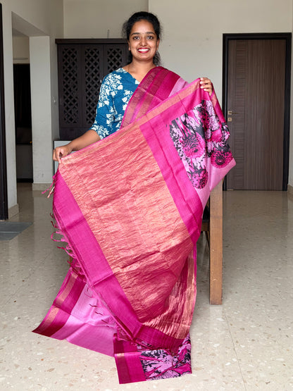 Pink and Magenta Tussar Silk Saree with Prints