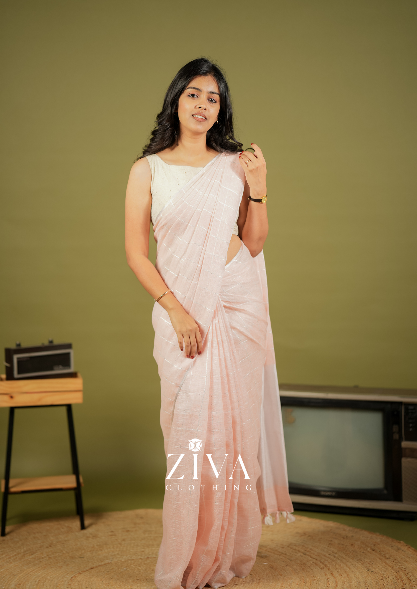 Peach Linen Saree Woven With Sequins