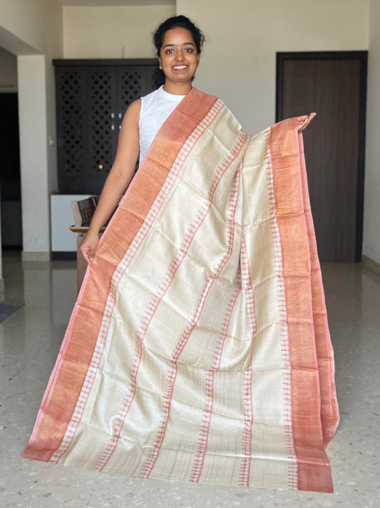 Cream and Peach Tussar Silk Saree with Prints