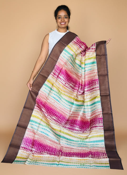 Pink and Brown Tussar Silk Saree with Prints