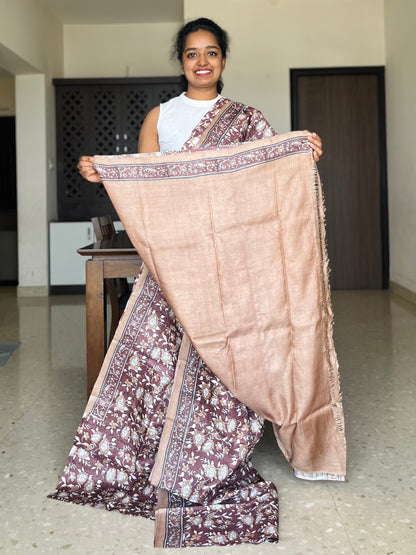 Brown Tussar Silk Saree with Prints