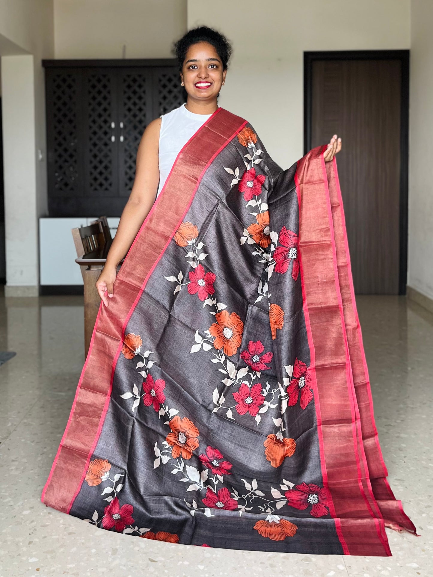 Coffee Brown Tussar Silk Saree with Prints
