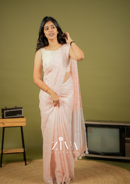 Peach Linen Saree Woven With Sequins