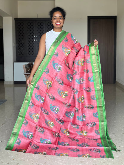 Pink and Green Tussar Silk Saree with Prints