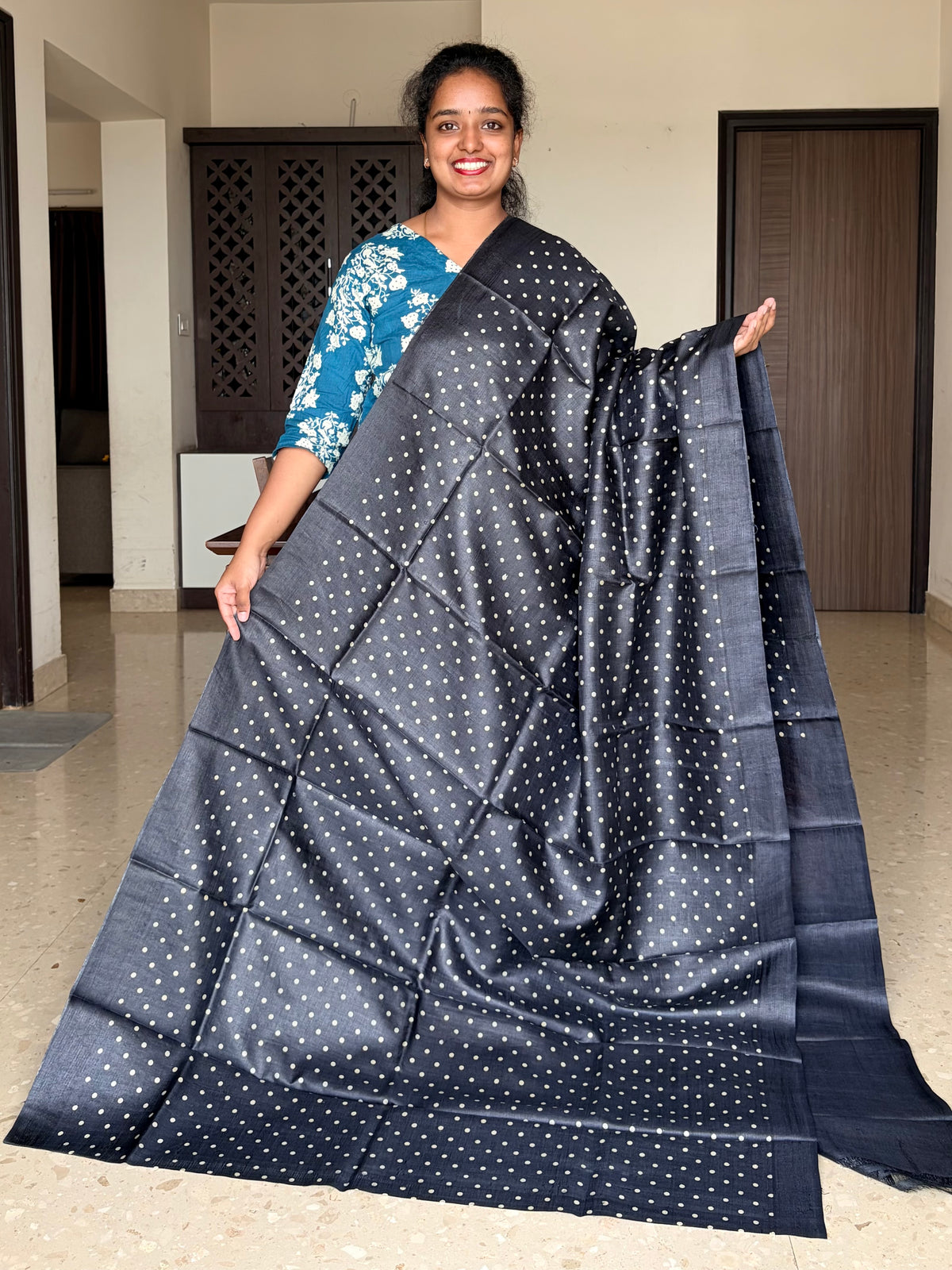 Black Tussar Silk Saree with Prints
