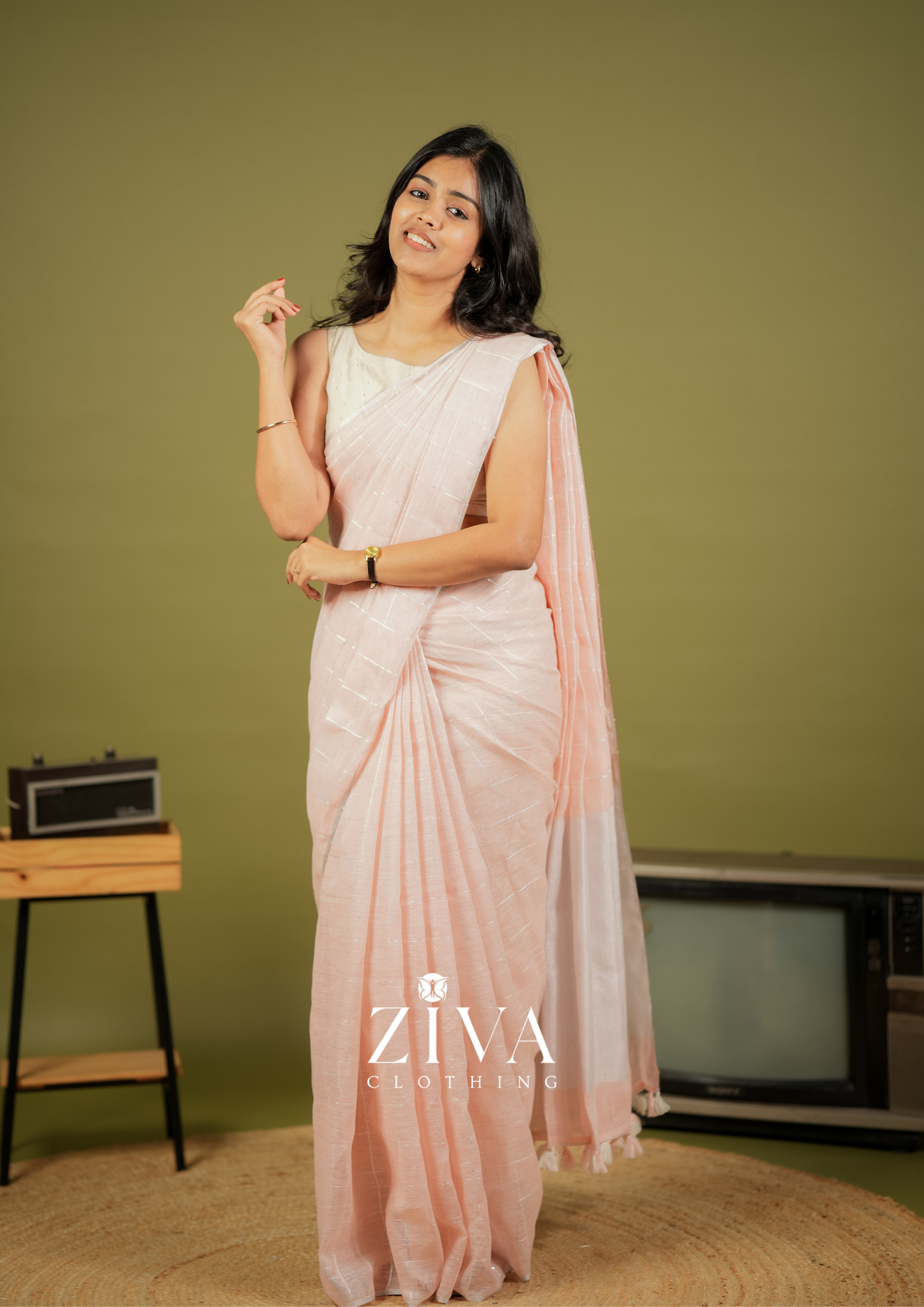 Peach Linen Saree Woven With Sequins