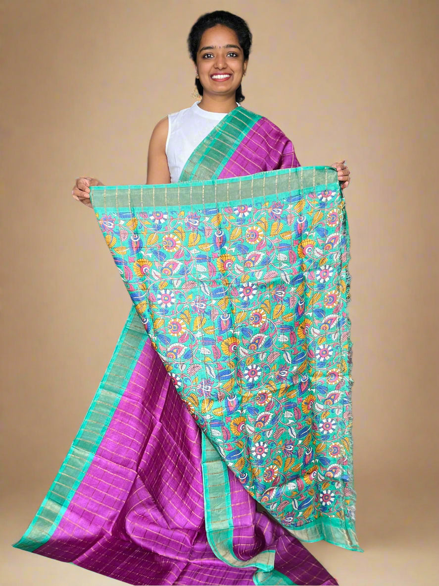 Magenta and Cyan Tussar Silk Saree with Prints