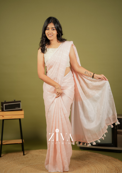 Peach Linen Saree Woven With Sequins