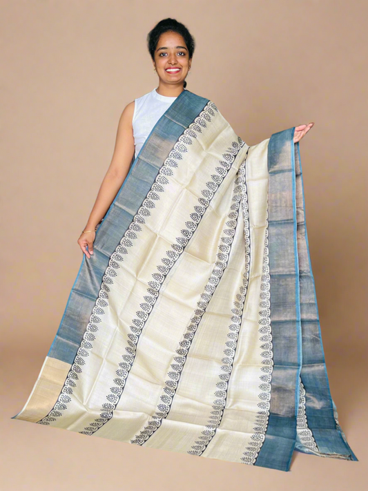 Cream and Grey Tussar Silk Saree with Prints