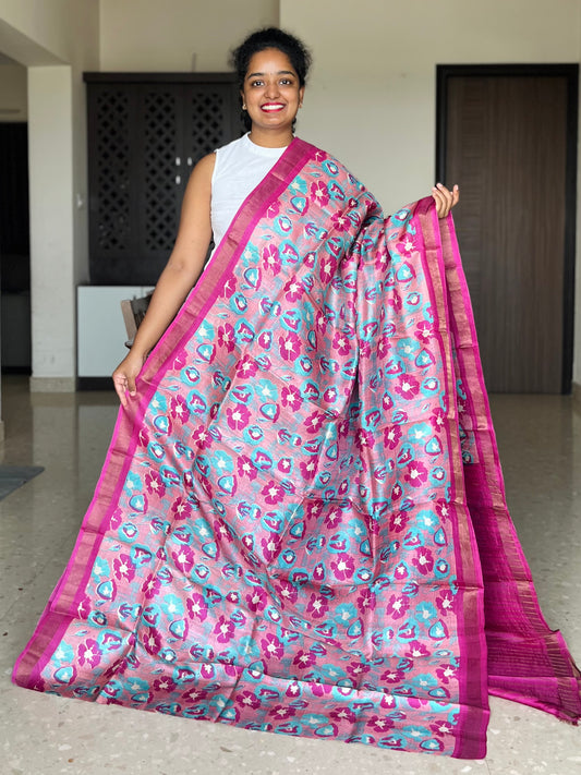Pink and Magenta Tussar Silk Saree with Prints