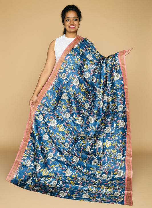 Blue and Peach Tussar Silk Saree with Prints