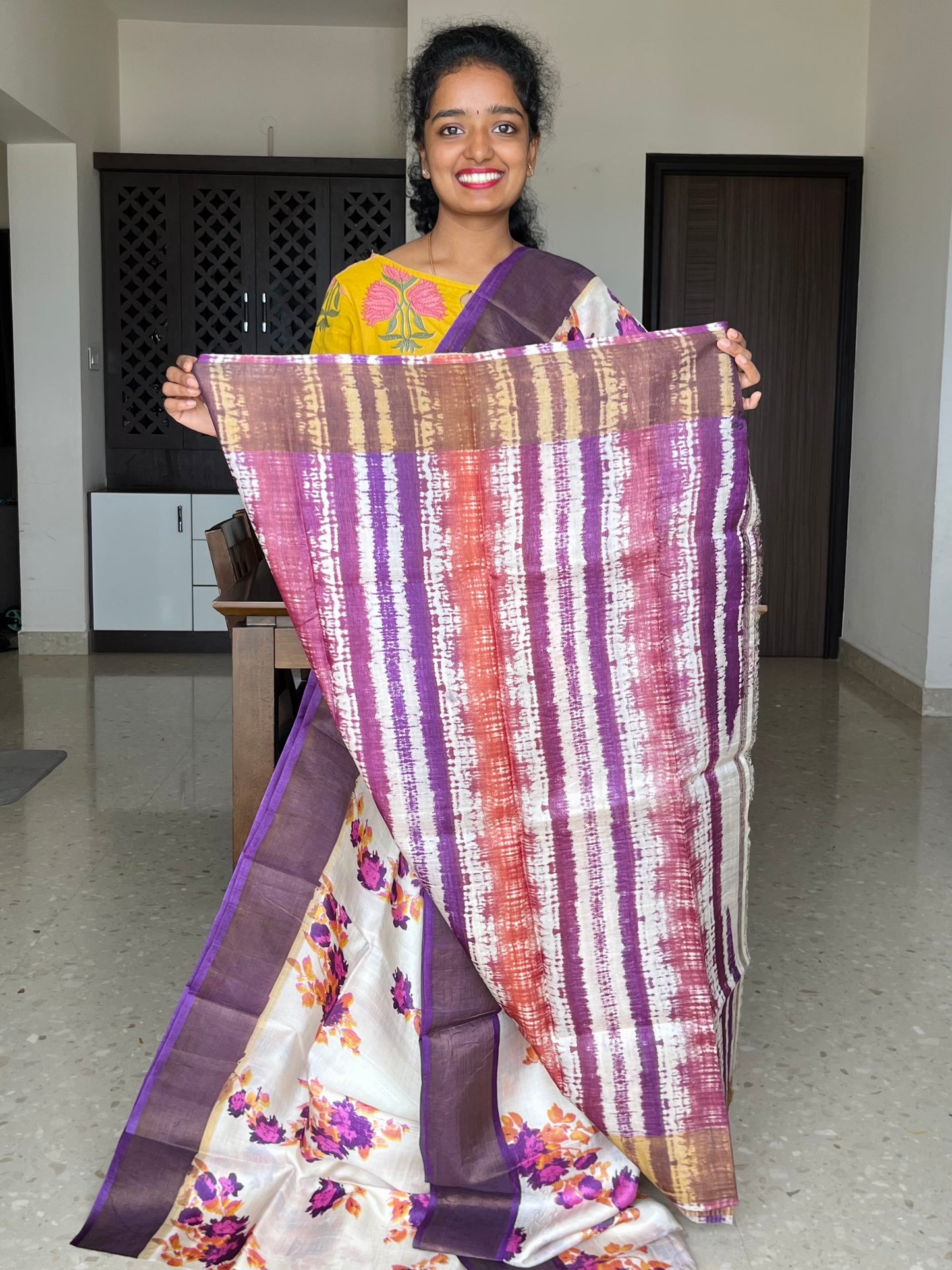 Cream and Violet Tussar Silk Saree with Prints