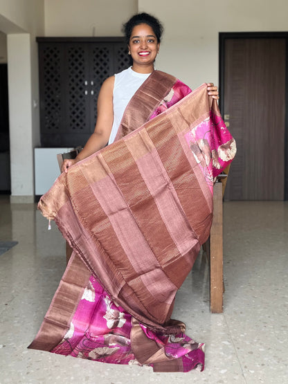 Pink and Brown Tussar Silk Saree with Prints