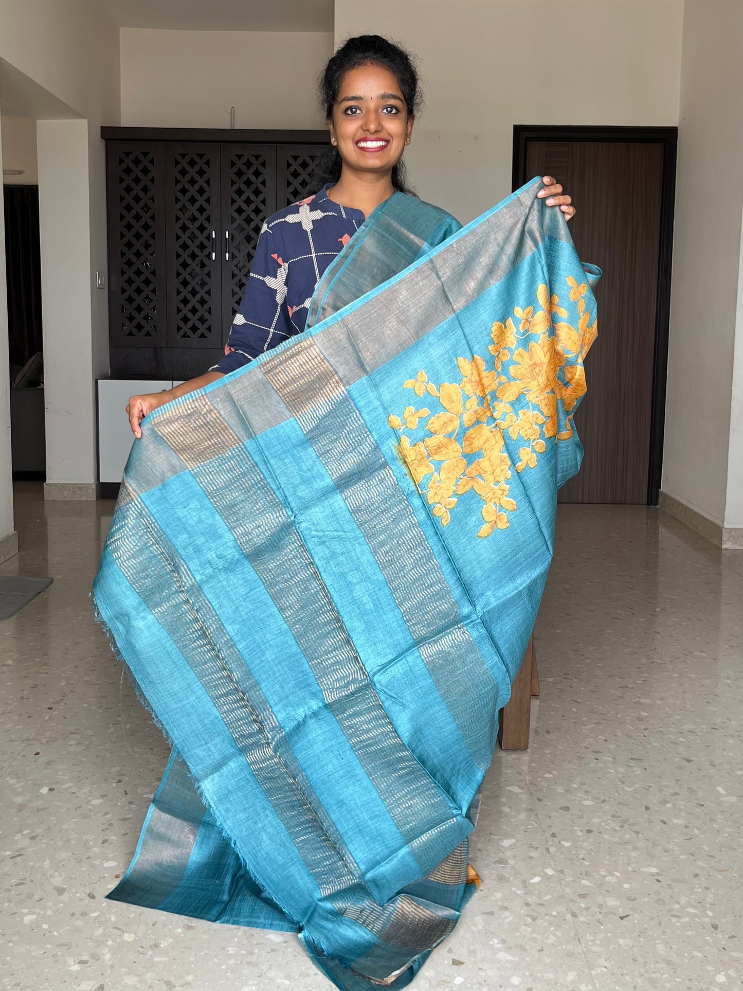 Powder Grey Tussar Silk Saree with Prints