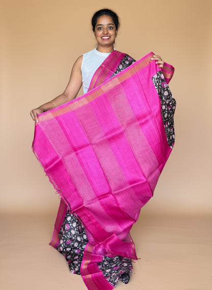 Black and Magenta Tussar Silk Saree with Prints