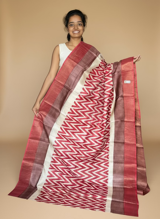 Cream, Red and Brown Tussar Silk Saree with Prints