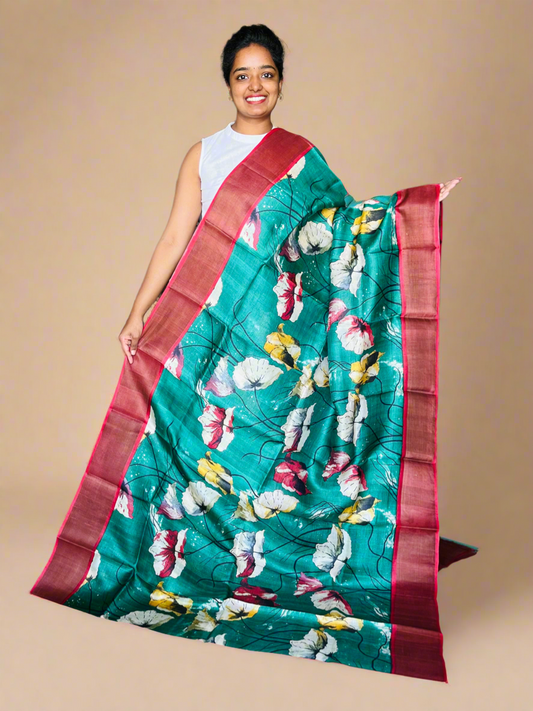 Dark Green and Red Tussar Silk Saree with Prints