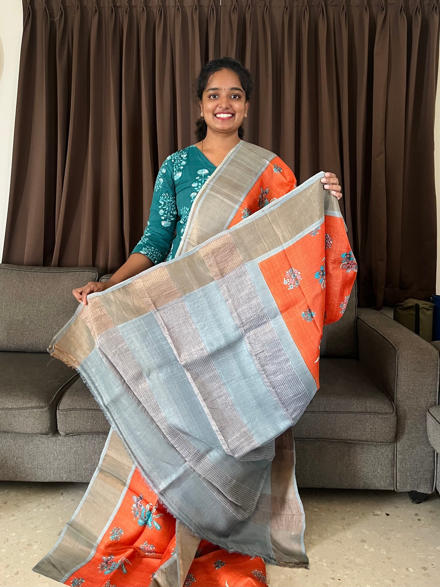 Orange and Grey Tussar Silk Saree with Prints