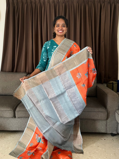 Orange and Grey Tussar Silk Saree with Prints