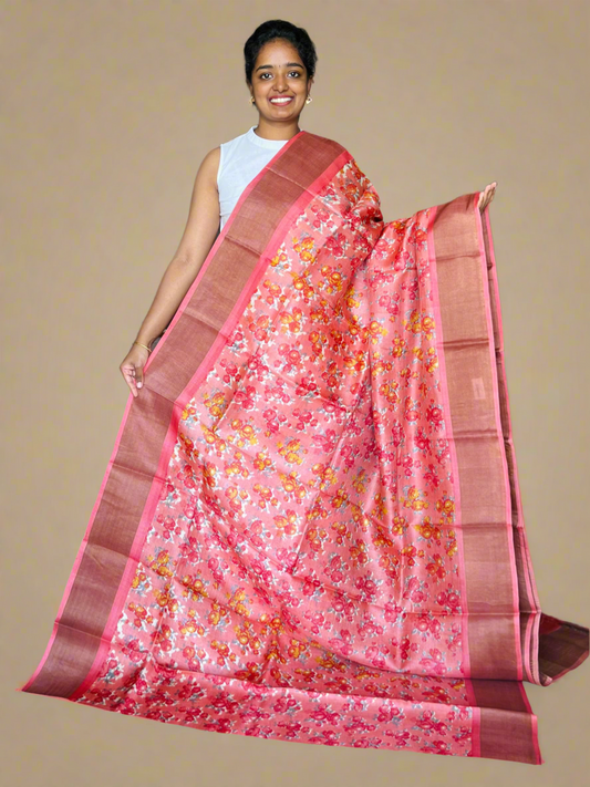 Peach Tussar Silk Saree with Prints