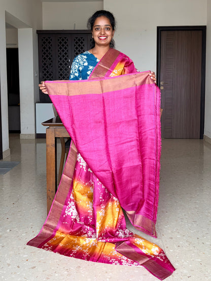 Magenta and Yellow Tussar Silk Saree with Prints