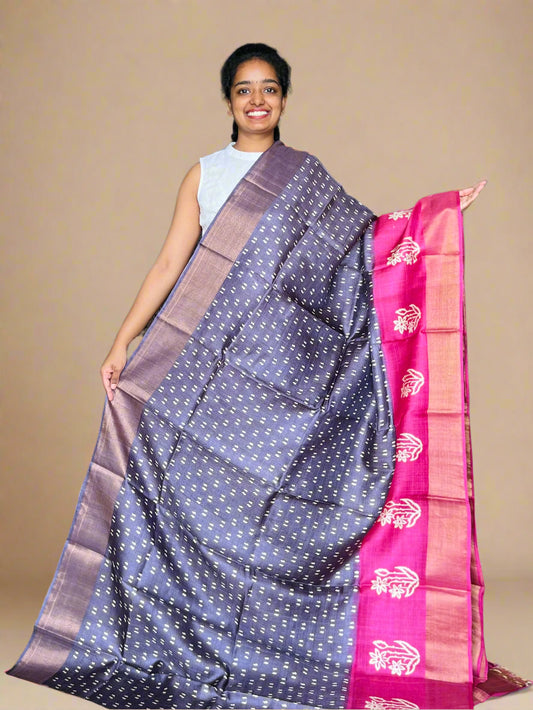 Plum and Magenta Tussar Silk Saree with Print