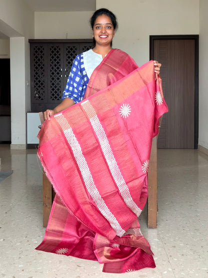 Red Tussar Silk Saree with Prints