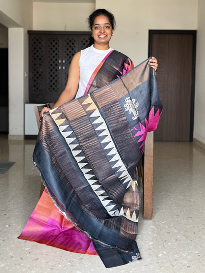Pink, Orange and Black Tussar Silk Saree with Prints