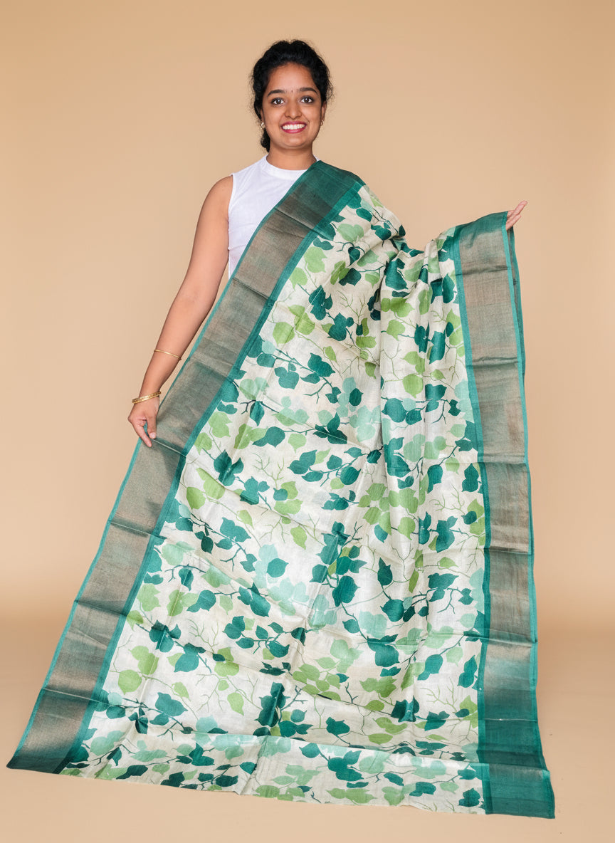 Cream and Green Tussar Silk Saree with Prints