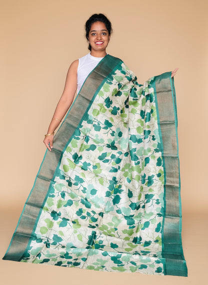 Cream and Green Tussar Silk Saree with Prints