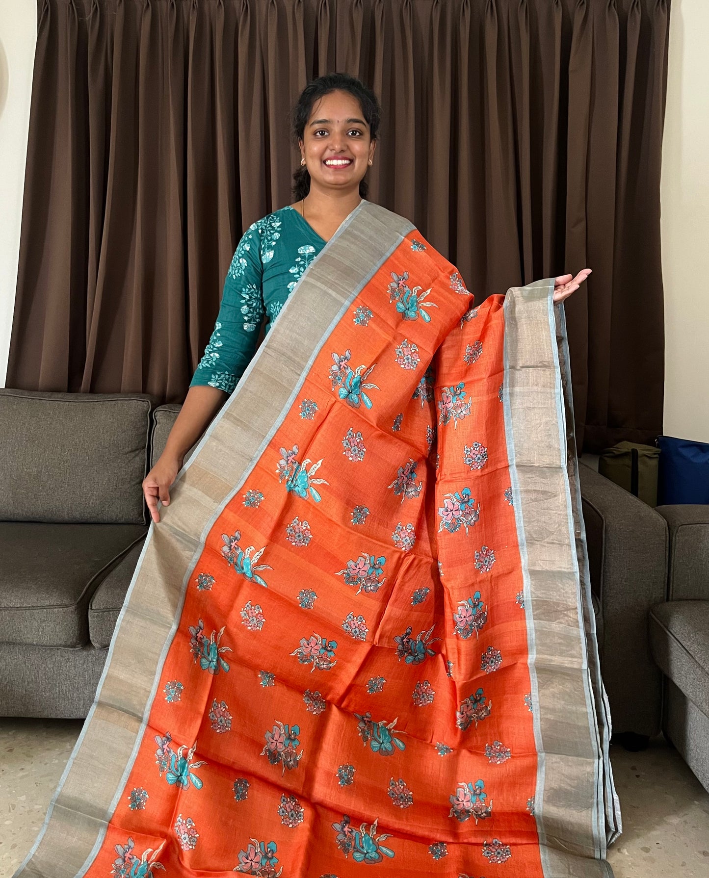 Orange and Grey Tussar Silk Saree with Prints