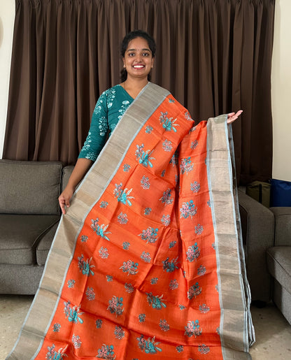 Orange and Grey Tussar Silk Saree with Prints