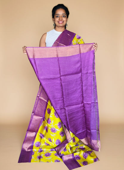 Green and Violet Tussar Silk Saree with Prints