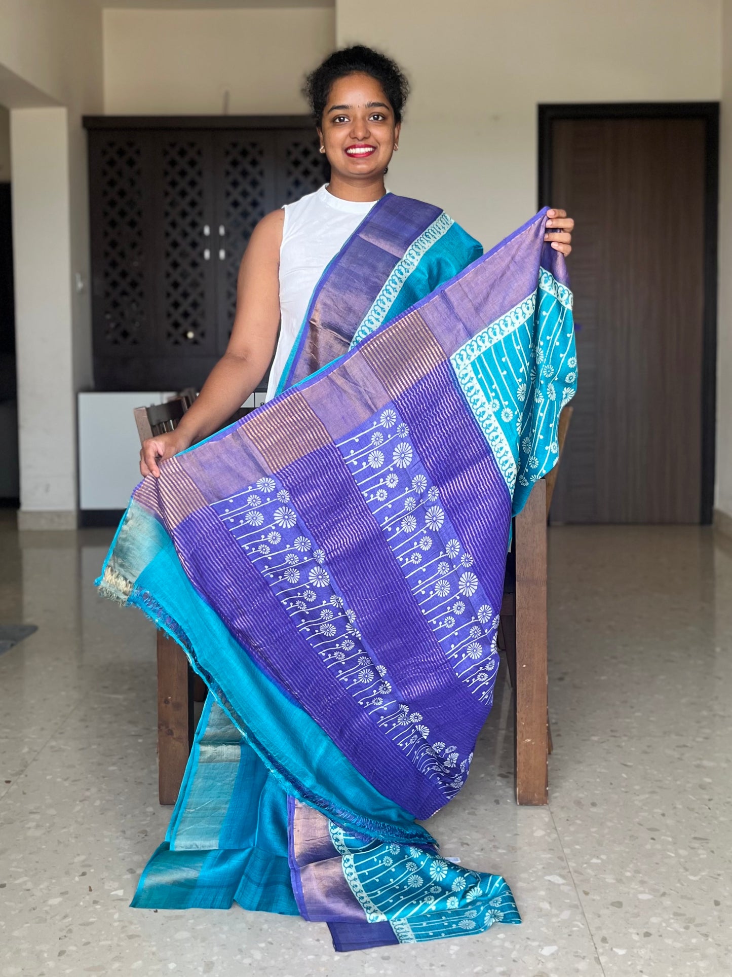 Blue Tussar Silk Saree with Prints