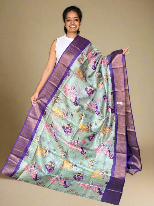 Olive Green and Violet Tussar Silk Saree with Prints