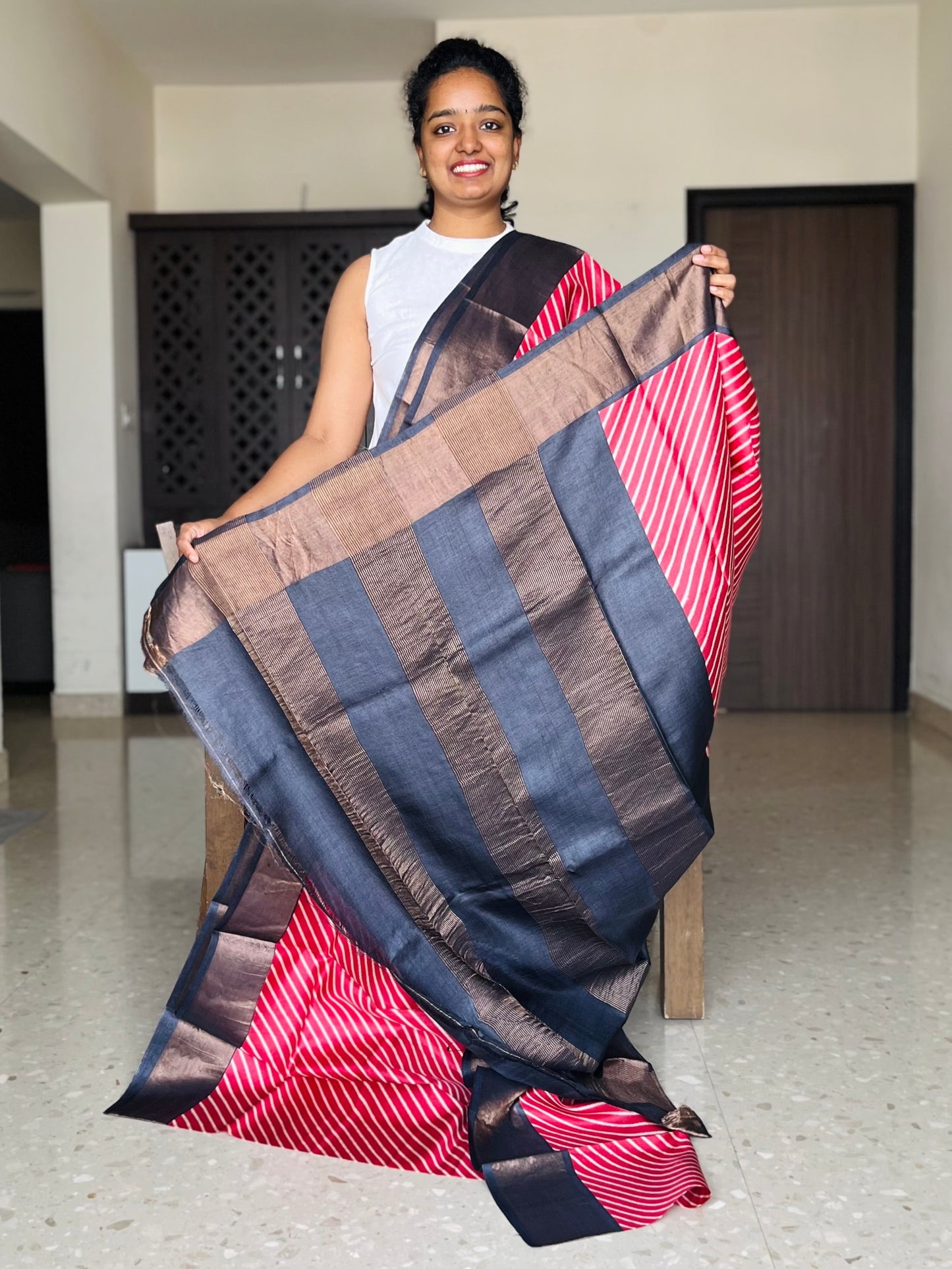 Red and Black Tussar Silk Saree with Prints