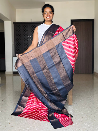 Red and Black Tussar Silk Saree with Prints