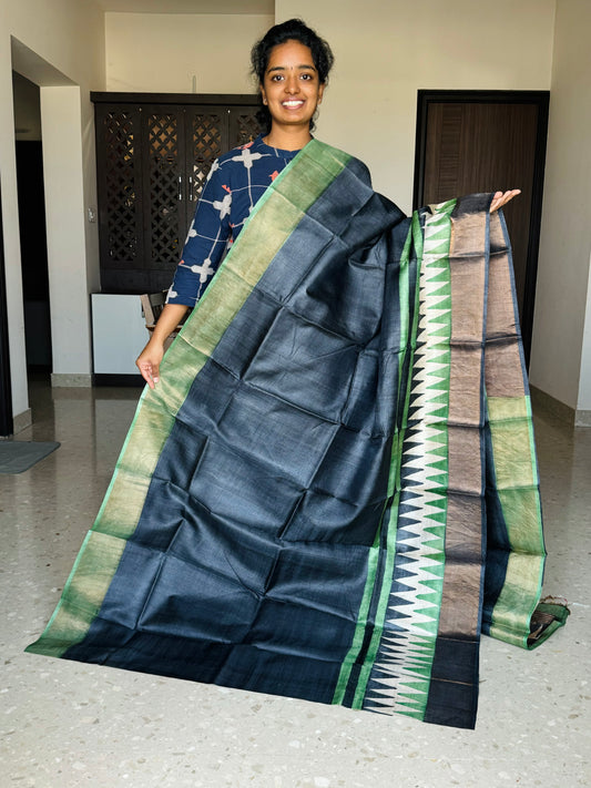 Black and Green Tussar Silk Saree with Prints
