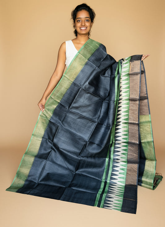Black and Green Tussar Silk Saree with Prints