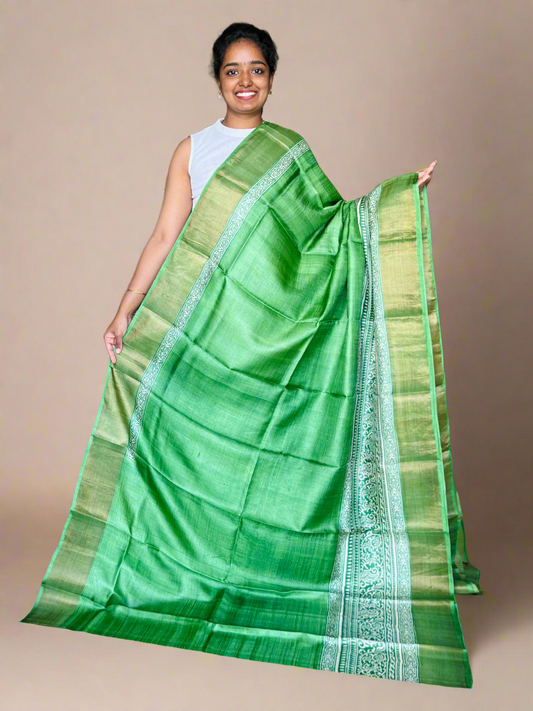 Green Tussar Silk Saree with Prints