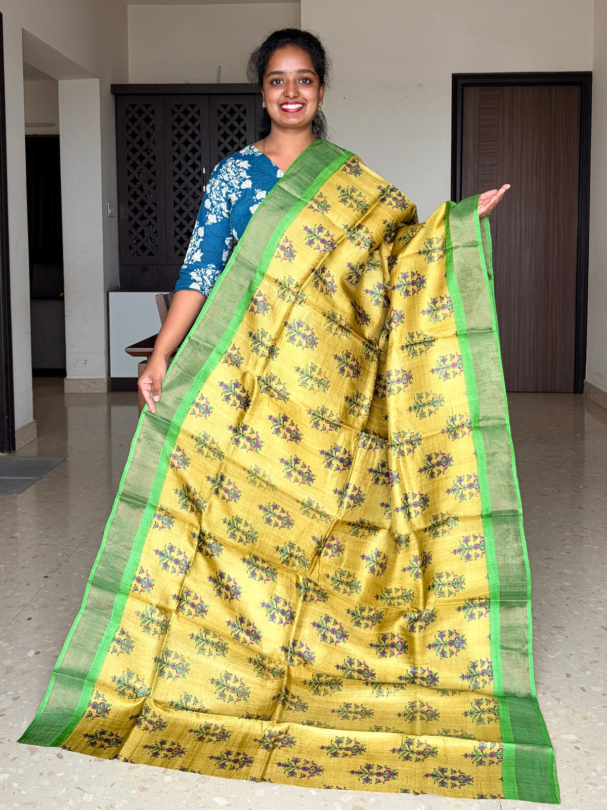Green Tussar Silk Saree with Prints