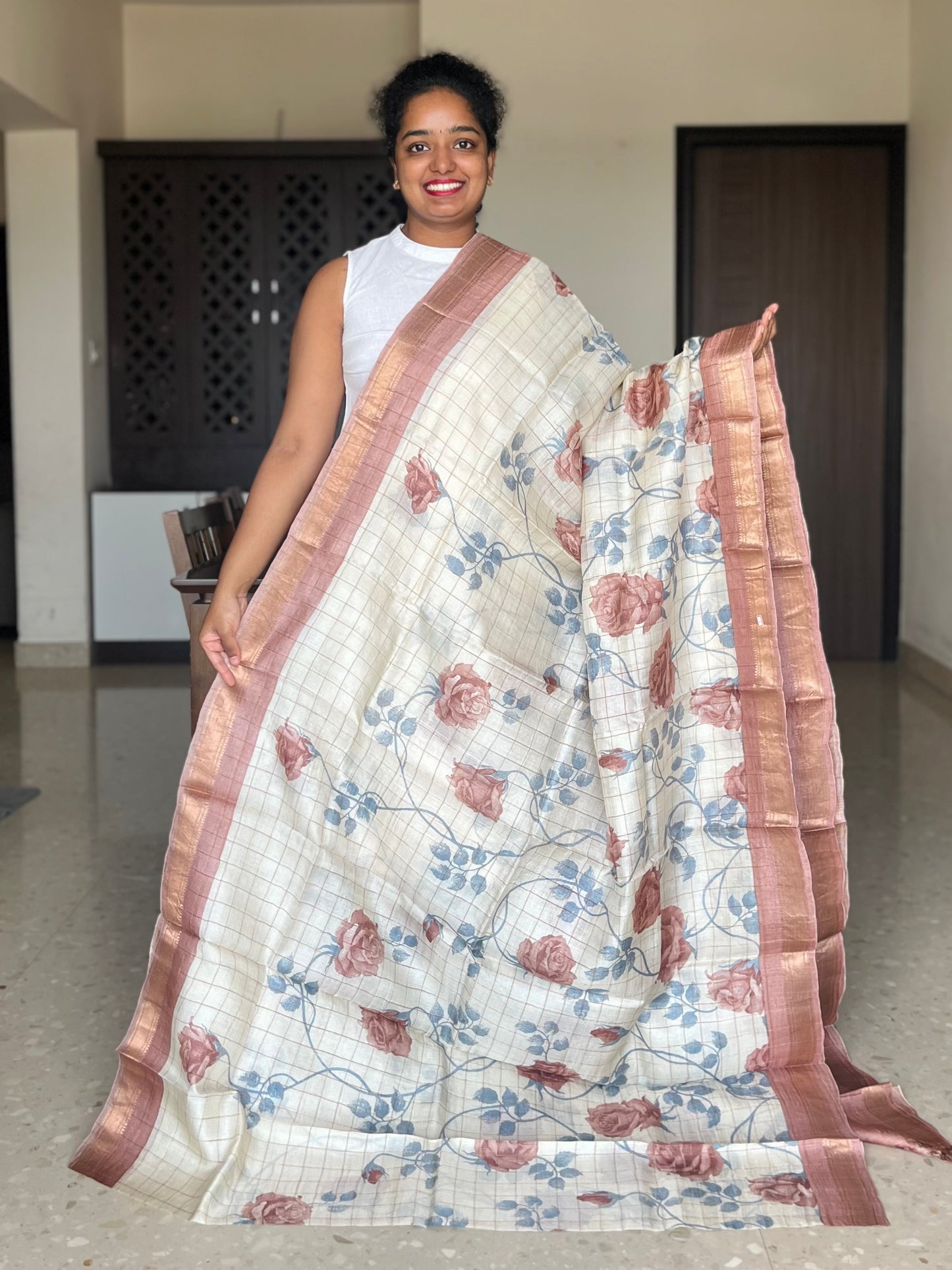 Cream and Brown Tussar Silk Saree with Prints