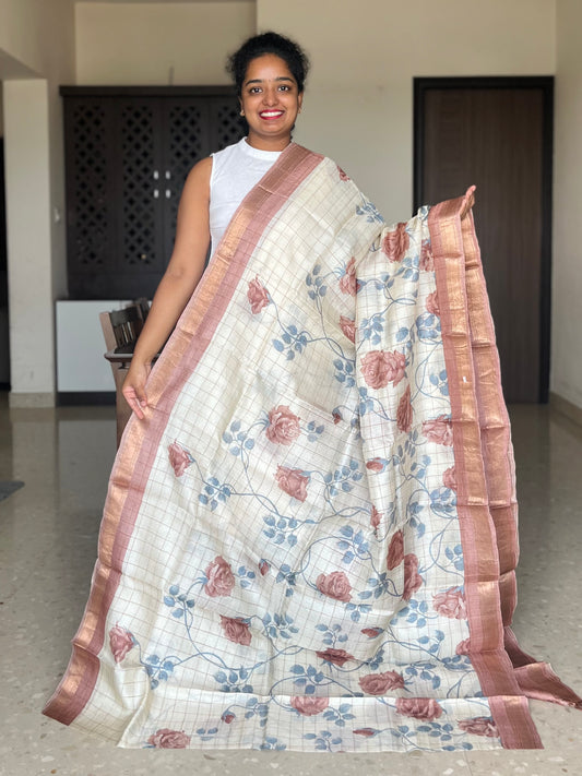 Cream and Brown Tussar Silk Saree with Prints