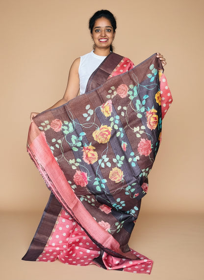 Peach and Brown Tussar Silk Saree with Prints