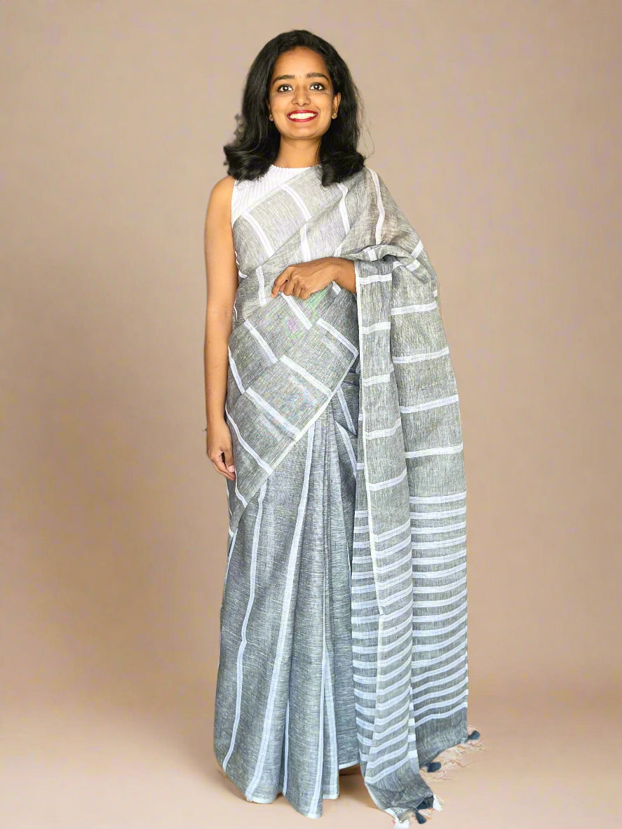 Grey Linen Saree With Woven Stripes