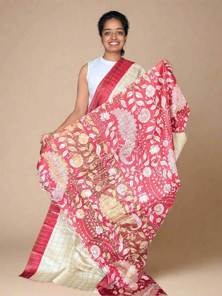 Cream and Red Tussar Silk Saree with Prints