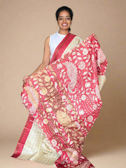 Cream and Red Tussar Silk Saree with Prints